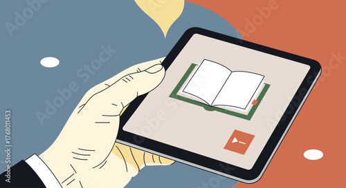 Hand holding a tablet displaying an open book icon, symbolizing digital learning and ebooks