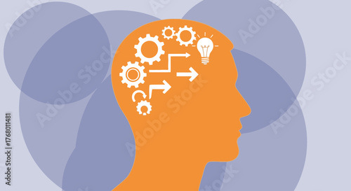Silhouette of a head with gears and a lightbulb inside, representing thought and innovation