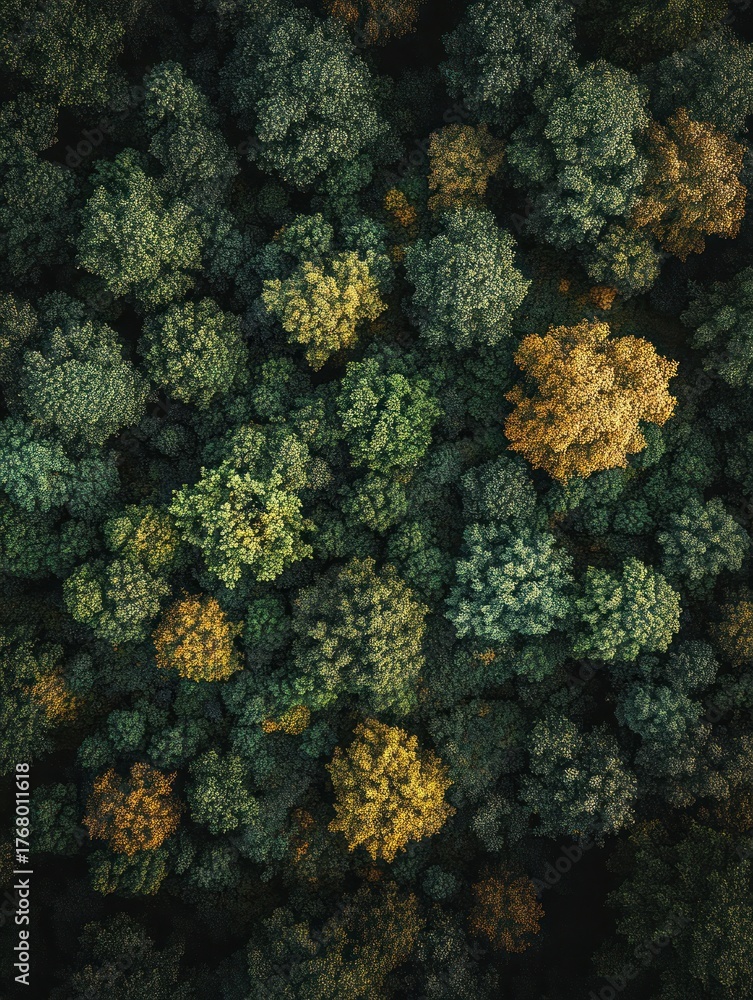 Obraz premium Aerial view of a dense forest with a mix of green and yellow foliage showcasing seasonal change and natural texture
