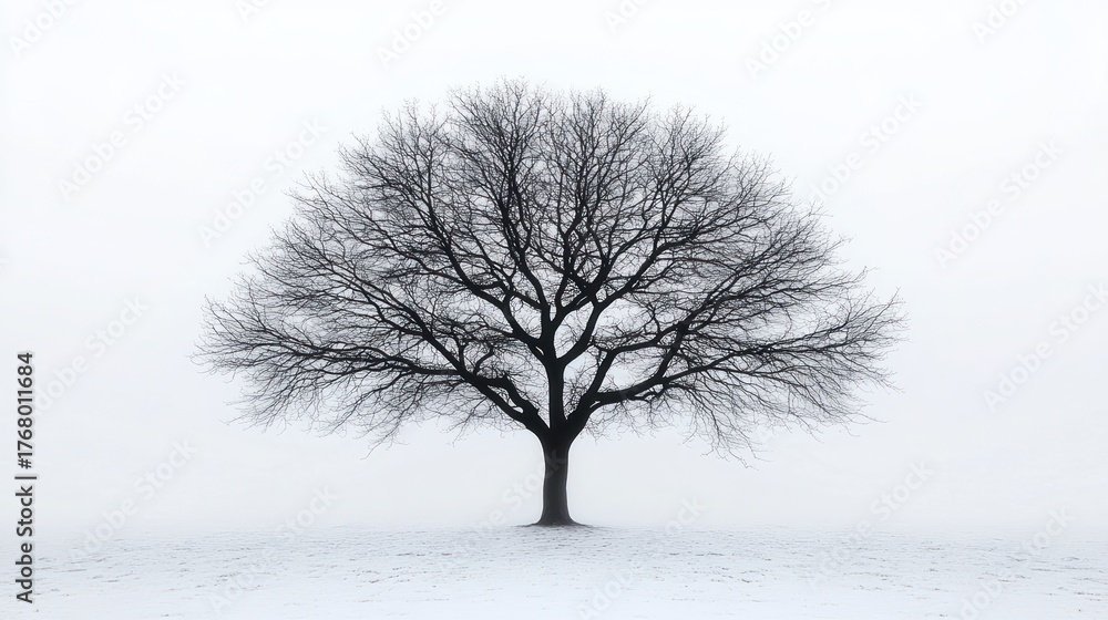 Fototapeta premium Single large leafless tree standing alone on a snow-covered landscape under a foggy white sky