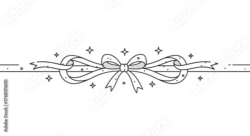 A charming line art illustration of a festive bow tied on a horizontal line, adorned with sparkling stars and tiny dots, perfect for celebratory designs.