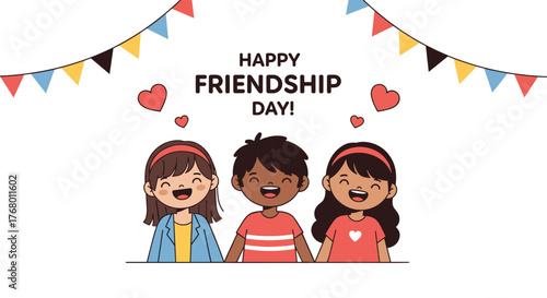 Three happy diverse children celebrating Friendship Day together, surrounded by festive bunting and hearts, symbolizing love and companionship.