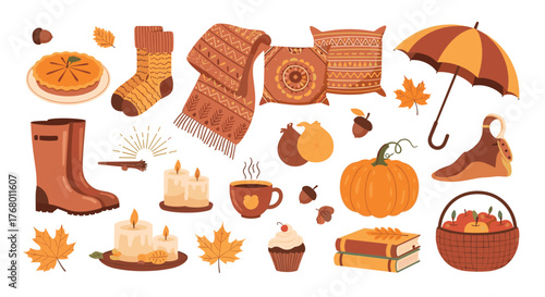 A cozy collection of autumn-themed elements including pumpkin, pies, warm clothes, and decor, perfect for fall season designs.