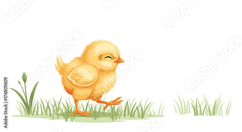 A cheerful little yellow chick with closed eyes smiles contentedly as it takes a peaceful stroll through fresh green grass.