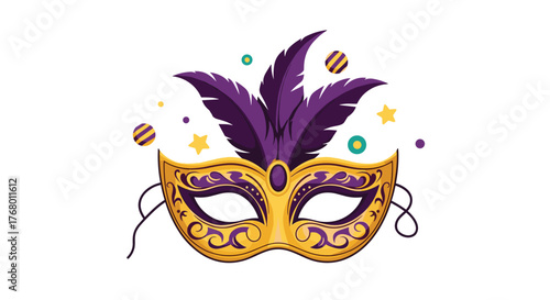 A festive golden masquerade mask with vibrant purple feathers, intricate gold patterns, and colorful confetti-like elements, perfect for celebrating Mardi Gras and carnival events.