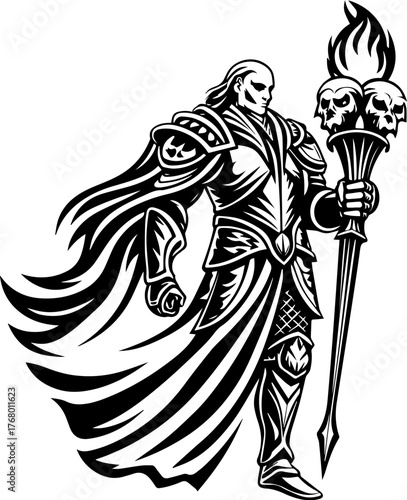 SVG skull mech paladins tattoo design. Armored Warrior with Skull-Topped Torch in Dynamic Pose Artwork