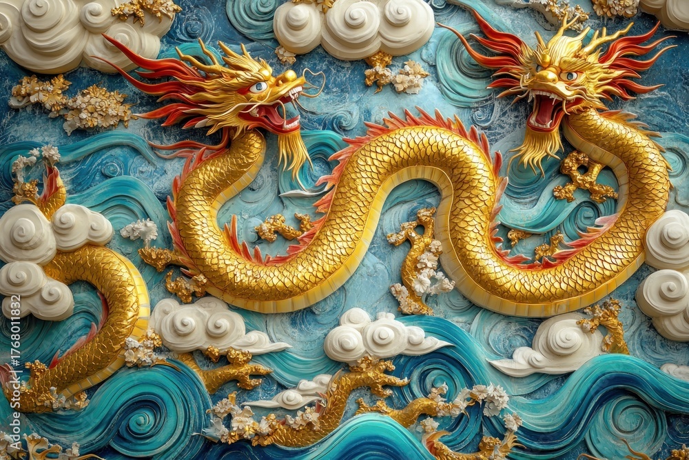 Fototapeta premium vibrant golden two-headed dragon sculpture entwined amidst stylized blue waves and fluffy swirling clouds with intricate gold accents
