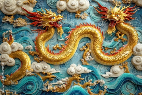 Wallpaper Mural vibrant golden two-headed dragon sculpture entwined amidst stylized blue waves and fluffy swirling clouds with intricate gold accents Torontodigital.ca