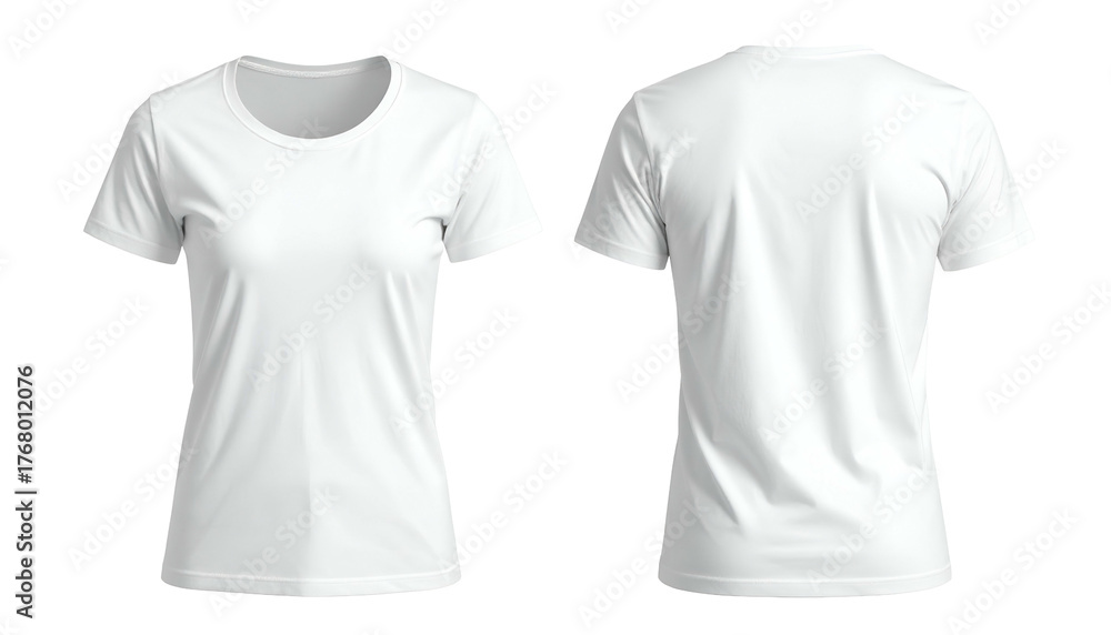 Fototapeta premium Front and back view of a plain, white, crew-neck t-shirt, isolated on black background