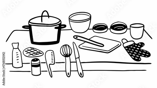 Hand-drawn kitchenware and cooking utensils vector illustration for food preparation