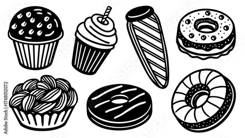 Vector set of hand drawn donut and pastry doodles for delicious sweet treats