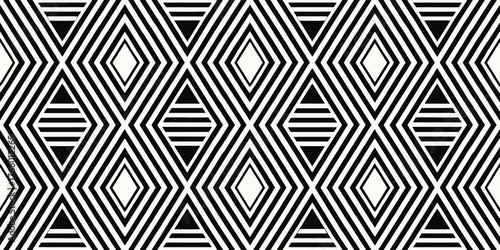 A striking black and white geometric pattern featuring diamonds and lines, creating a modern visual appeal.
