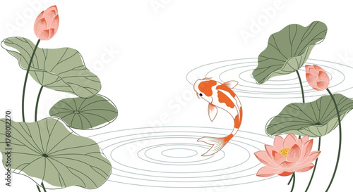 Elegant depiction of a koi fish swimming amidst lotus flowers and gentle ripples serene beauty