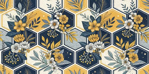 Vibrant floral pattern featuring yellow and white flowers on a geometric hexagonal background.