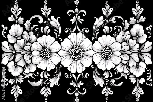 Intricate symmetrical black and white floral design with large central flowers surrounded by ornate leaves and smaller blossoms on a dark background