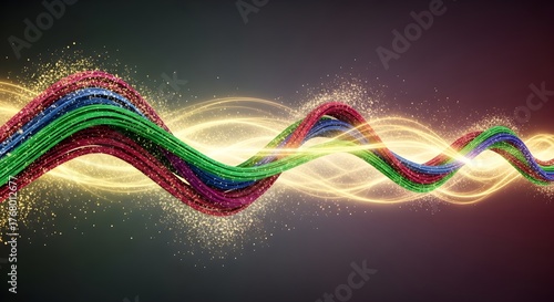 Abstract colorful wave with golden glitter particles on dark background