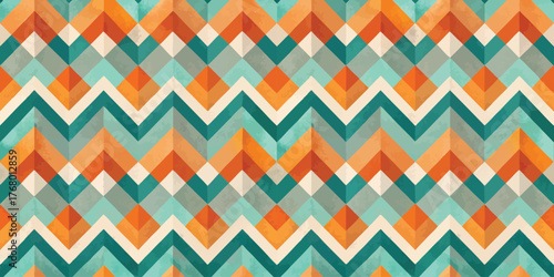 Vibrant geometric pattern with turquoise, orange, and cream chevron shapes creating a lively design.
