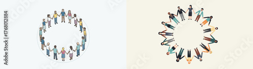 Two Diverse Human Circles: Flat and Isometric Illustration Styles