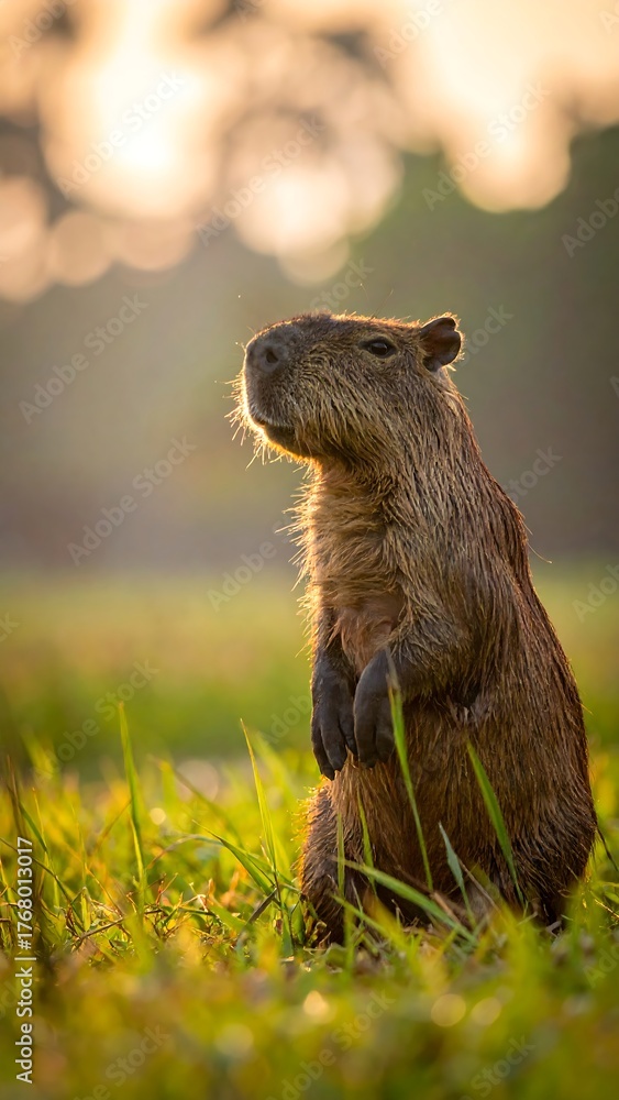 Fototapeta premium A capybara stands tall in a field of green grass, basking in the sun