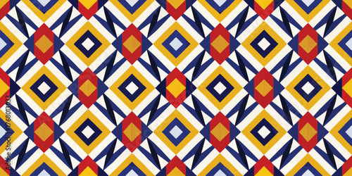 Colorful geometric pattern with vibrant reds, yellows, blues, and whites creating a modern artistic design.