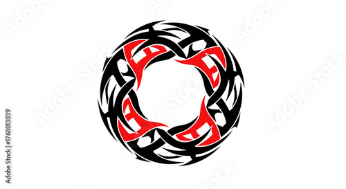 Circular intricate black and red design evokes tribal tattoo or ornamental emblem concept