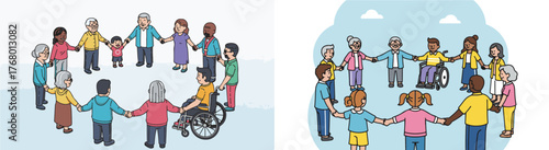 Flat Vector Illustration of Diverse People Holding Hands in Circle