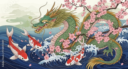 A whimsical depiction of a dragon amidst cherry blossoms, alongside playful koi in ocean waves