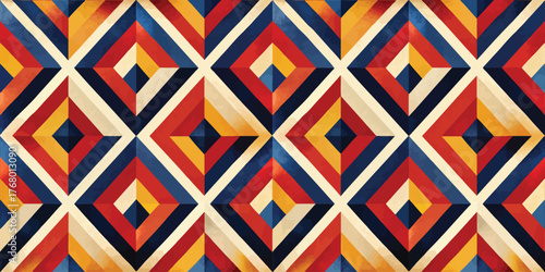 Colorful geometric pattern featuring diamonds in warm hues of red, yellow, and blue.