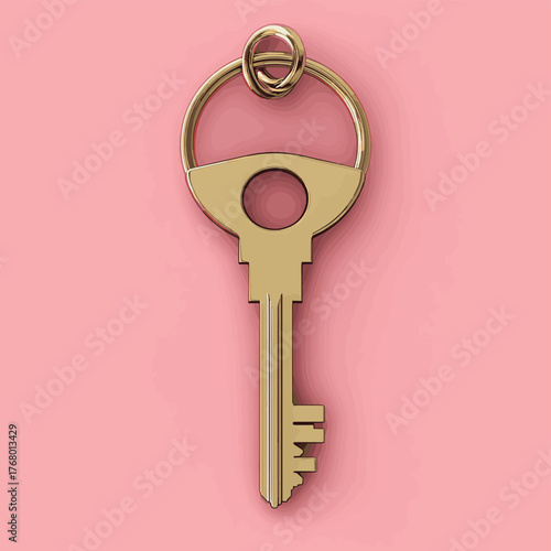 Vintage Metal Golden Key with Pink Retro Hotel Style Blank Keychain With Space for Text. New Home Real Estate Concept Homeownership   , vector style simple color