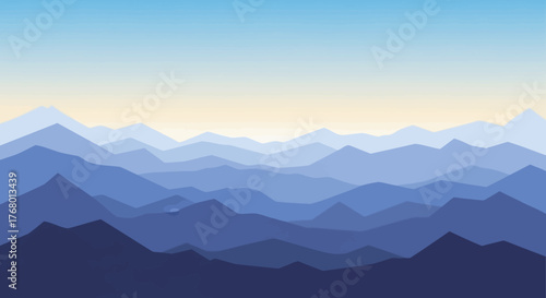 A serene minimalist rendition of majestic mountain ranges in cool gradient blues creating a