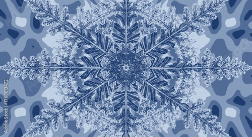 Geometric botanical pattern with kaleidscope effect showcasing intricate leaf designs in a blue