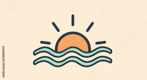 Stylized sunrise icon above water waves, depicting peace and relaxation for web design or branding
