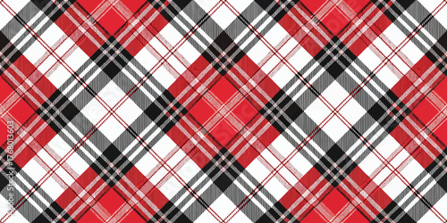 Vibrant red, black, and white plaid pattern perfect for textiles or backgrounds.