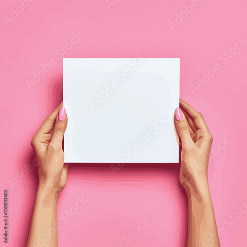 Female Hands Holding a Blank White Paper Sheet on Vibrant Pink Background. Creative Communication Concept Mockup Template   , vector style simple color