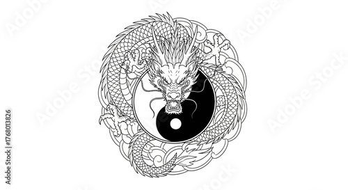 Dragon entwined with the yin yang symbol showcases cultural balance illustration