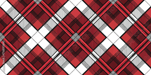 Stylish red and black plaid pattern with geometric designs, perfect for fabric or wallpaper.