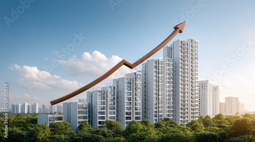 Modern apartment buildings with a large, ascending arrow overlay symbolizing growth, against a backdrop of trees and sky.