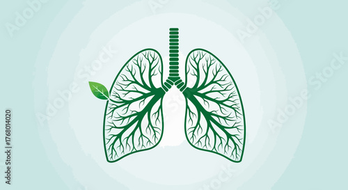 Lungs health illustration with green leaf symbolizing respiratory well-being and ecology connection