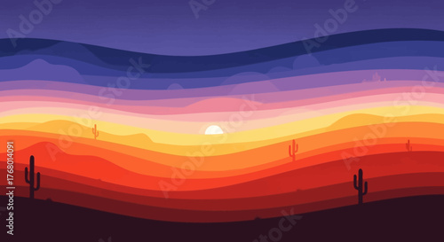 Stylized desert sunset landscape with layered mountains and silhouetted cacti creating a peaceful