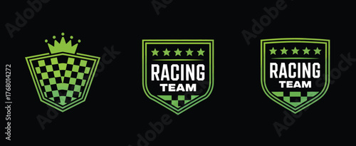 Set of Racing Logos, Icons, Badges, and,  Vector racing shield designs with flags, car stripes, and sport decals, perfect for motorsport branding, automobile decoration, and racing design project