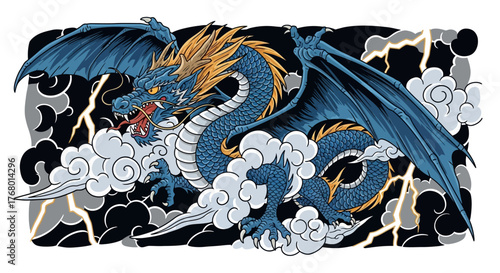 Majestic Azure Dragon Ascending amidst Storm Clouds with Fiery Mane and Lightning Flashes