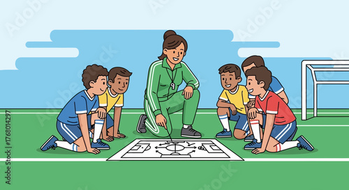 A female coach explaining game strategy to a group of young soccer players on the field with