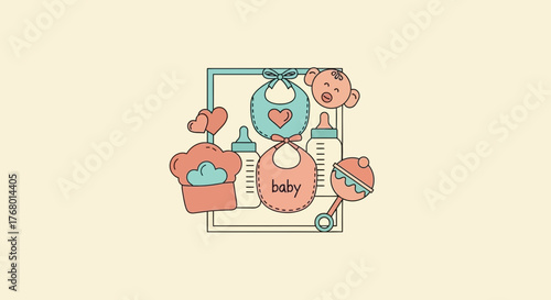 Adorable Pastel Baby Shower Illustration with Bibs Rattles and Feeding Bottles Decoration