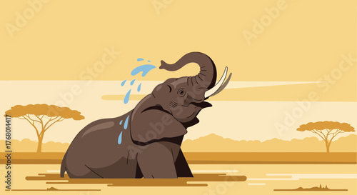 Animated elephant enjoying a water bath on a hot day in the African savanna, adding a whimsical