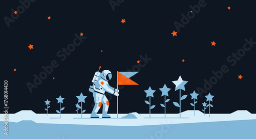 Astronaut plants a flag on an alien moon with star flowers under starry sky