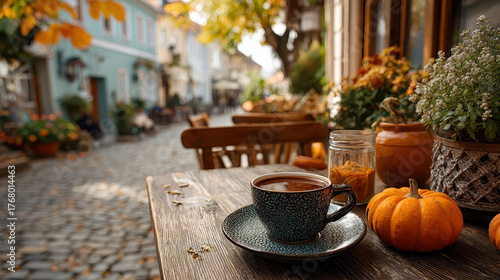 Fototapeta Naklejka Na Ścianę i Meble -  Cozy outdoor cafe scene with cup of coffee on wooden table, surrounded by small pumpkins and autumn decorations. cobblestone street and colorful buildings create charming fall atmosphere