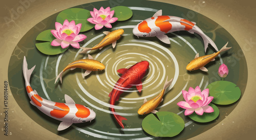 Elegant rendering of koi fish swimming peacefully amidst floating water lilies on a pond