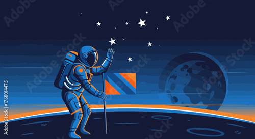 Brave astronaut conquering new frontiers on a distant planet with flag raised triumphantly