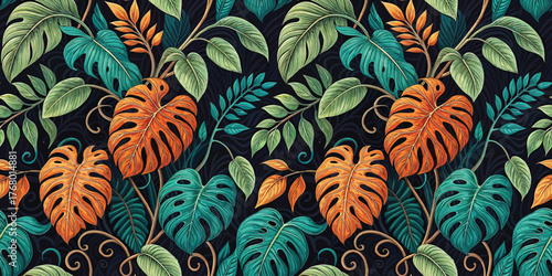 Vibrant tropical foliage pattern featuring lush green leaves and bold orange accents.