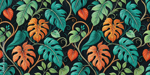Vibrant tropical foliage pattern with rich green and orange leaves on a dark background.